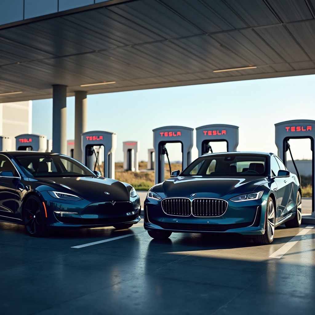 在特斯拉超級充電站為寶馬充電
