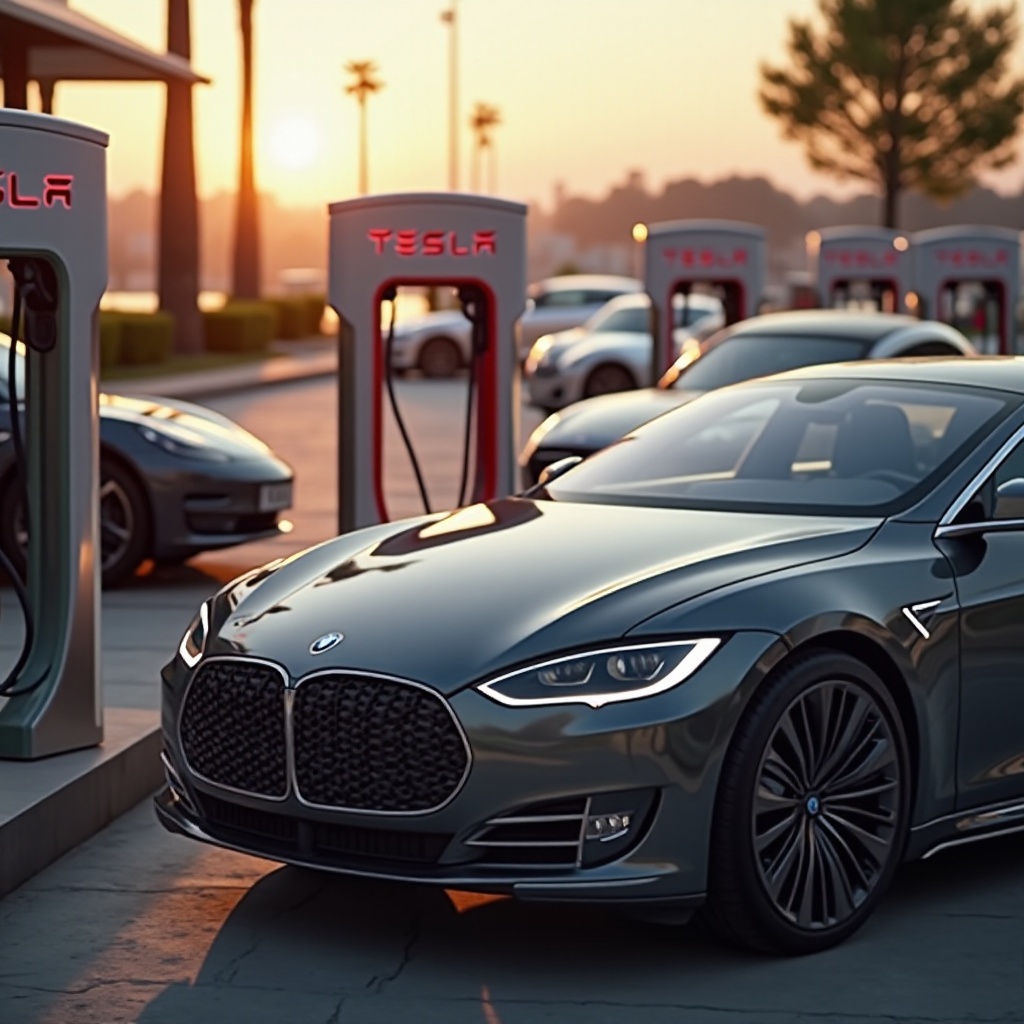 在特斯拉超級充電站為寶馬充電